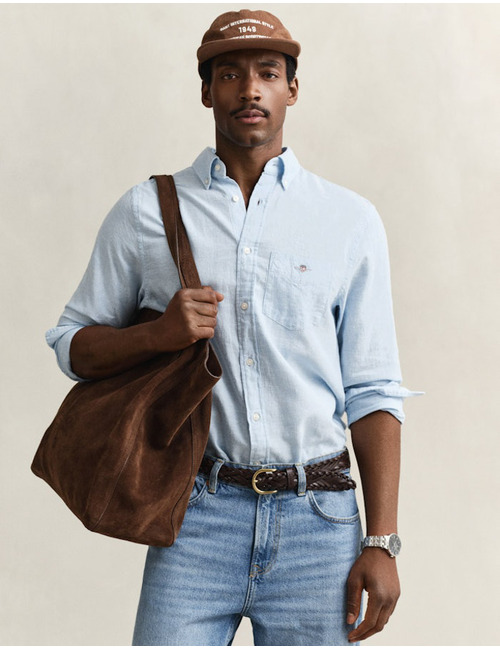 Overhemd van linnenmix met button-down kraag en regular fit in sky blue