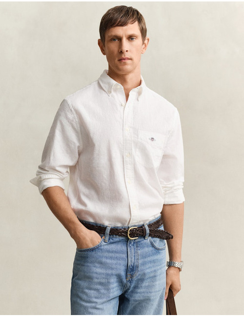 Overhemd van linnenmix met button-down kraag en regular fit in wit