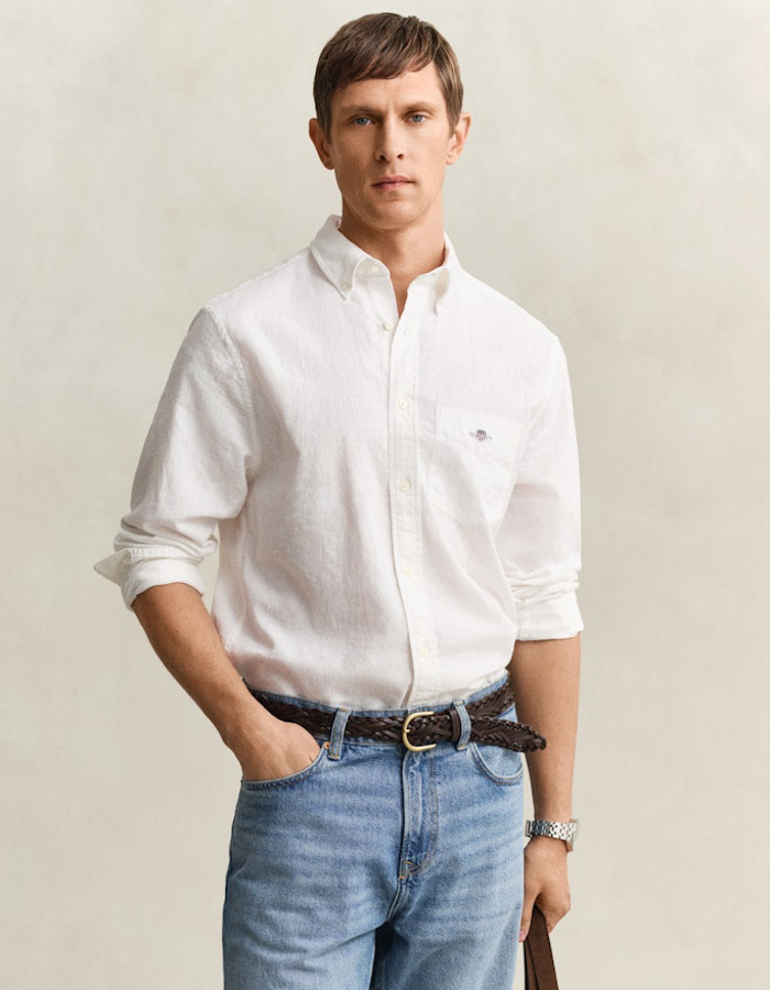 Overhemd van linnenmix met button-down kraag en regular fit in wit