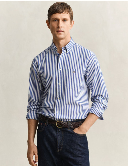 Gestreept poplin overhemd met button-down kraag en regular fit in college blue