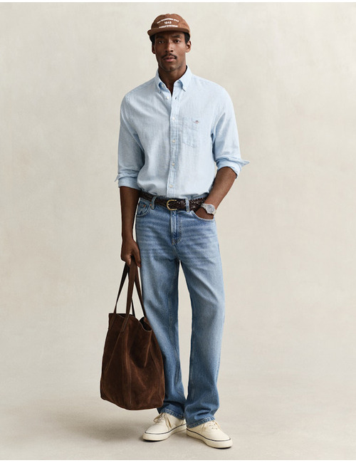 Overhemd van linnenmix met button-down kraag en regular fit in sky blue