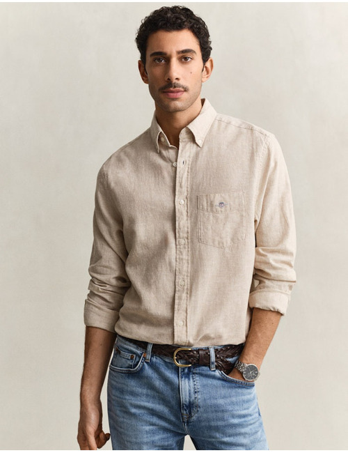 Overhemd van linnenmix met button-down kraag en regular fit in oat beige