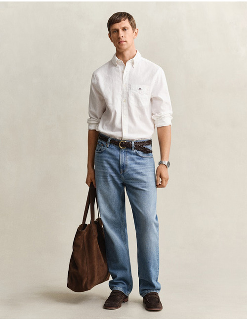 Overhemd van linnenmix met button-down kraag en regular fit in wit