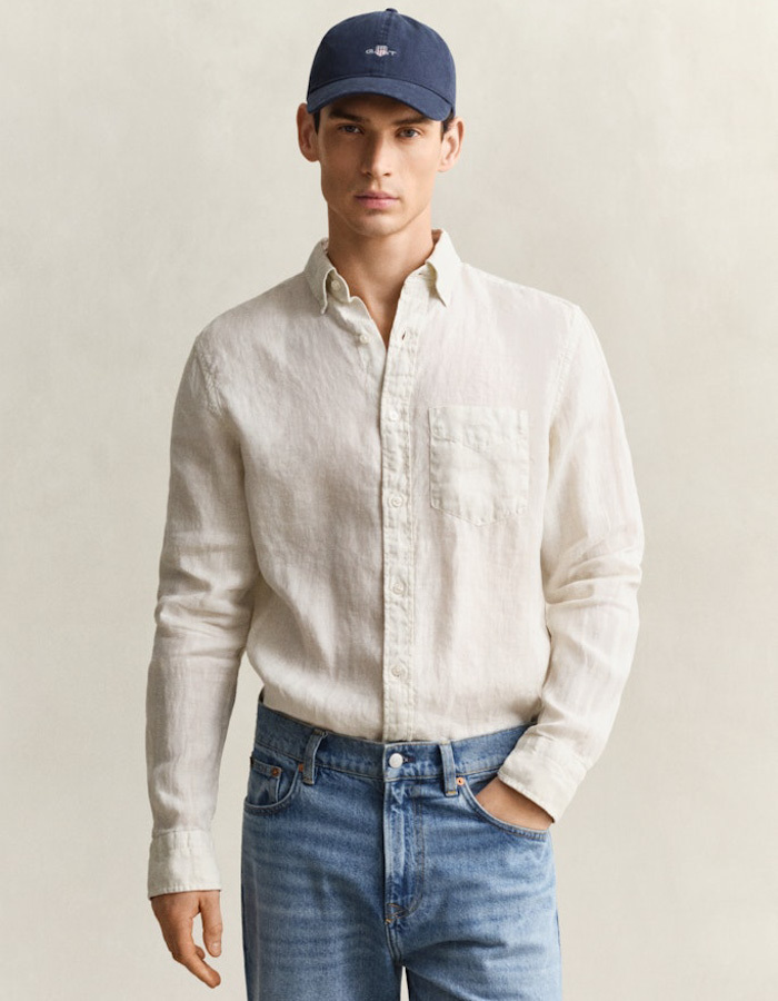 Linnen overhemd met button-down kraag en regular fit in sand