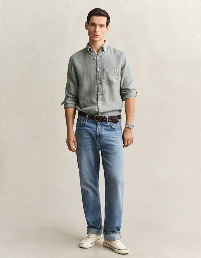 Linnen overhemd met button-down kraag en regular fit in ceramic grey