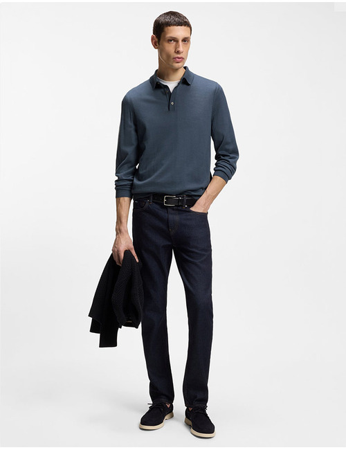 Regular fit gebreide polo van scheerwol in blauw