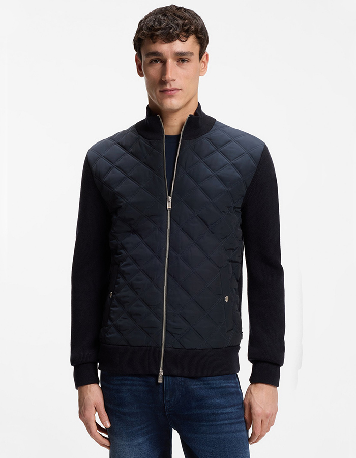 Gebreide wollen jas met doorgestikt voorpand in donkerblauw