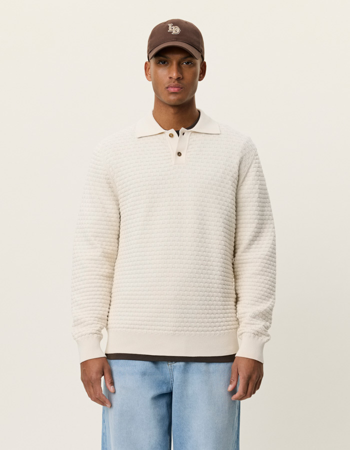Katoenen knit polo met lange mouwen in light ivory