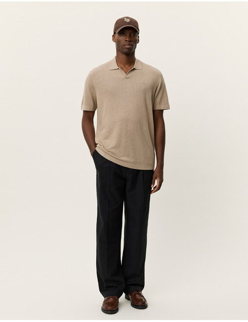 Linnen en katoenen knit polo in dark sand