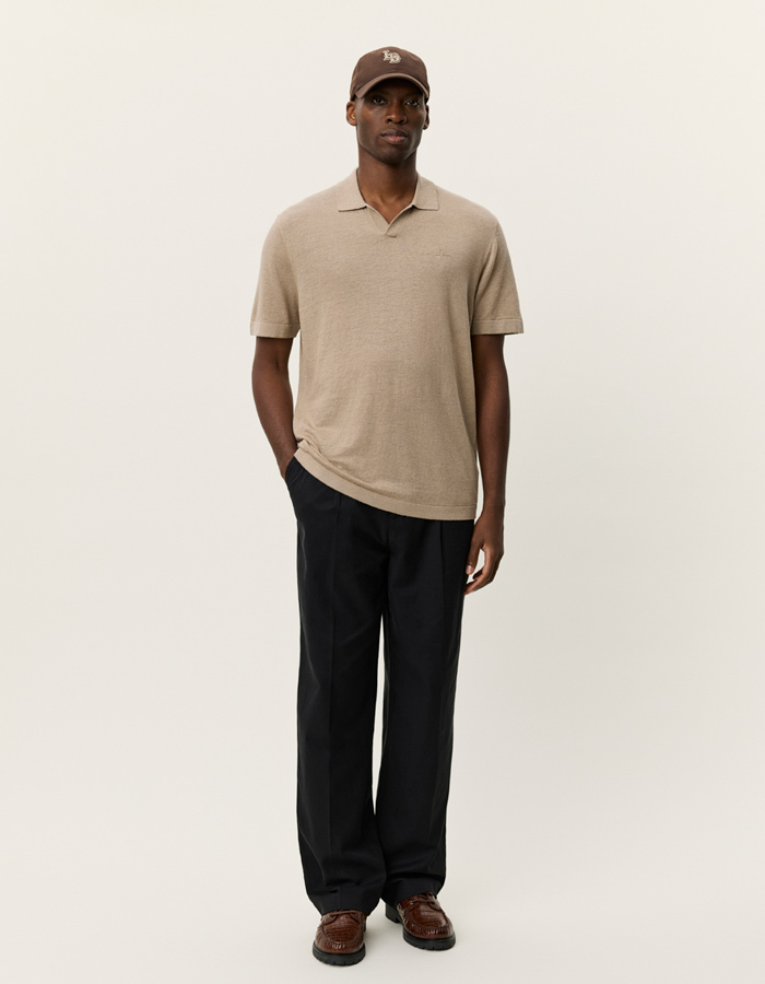Linnen en katoenen knit polo in dark sand