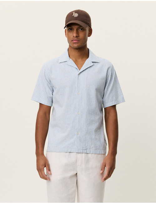 Gestreept katoen-linnen hemd met korte mouwen in allure