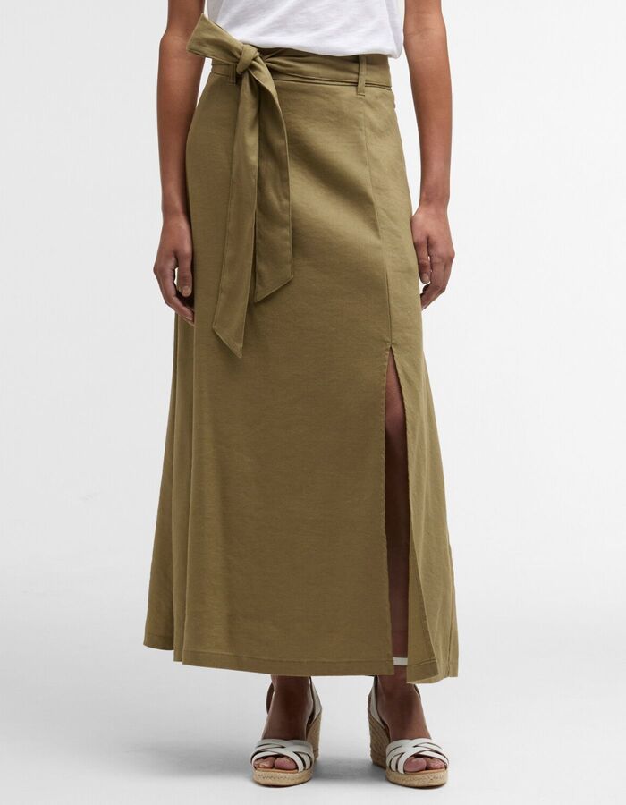 Olijfgroene maxi rok met strikceintuur