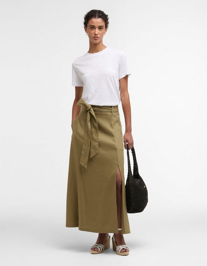 Olijfgroene maxi rok met strikceintuur