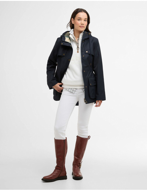 Blauwe damesjas met capuchon en klepzakken