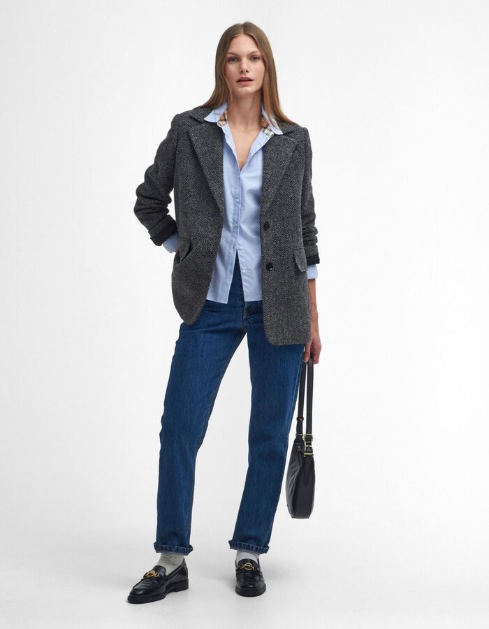 Blauwe katoenen bloes met tartan details