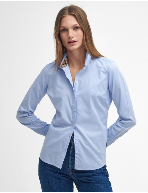 Blauwe katoenen bloes met tartan details