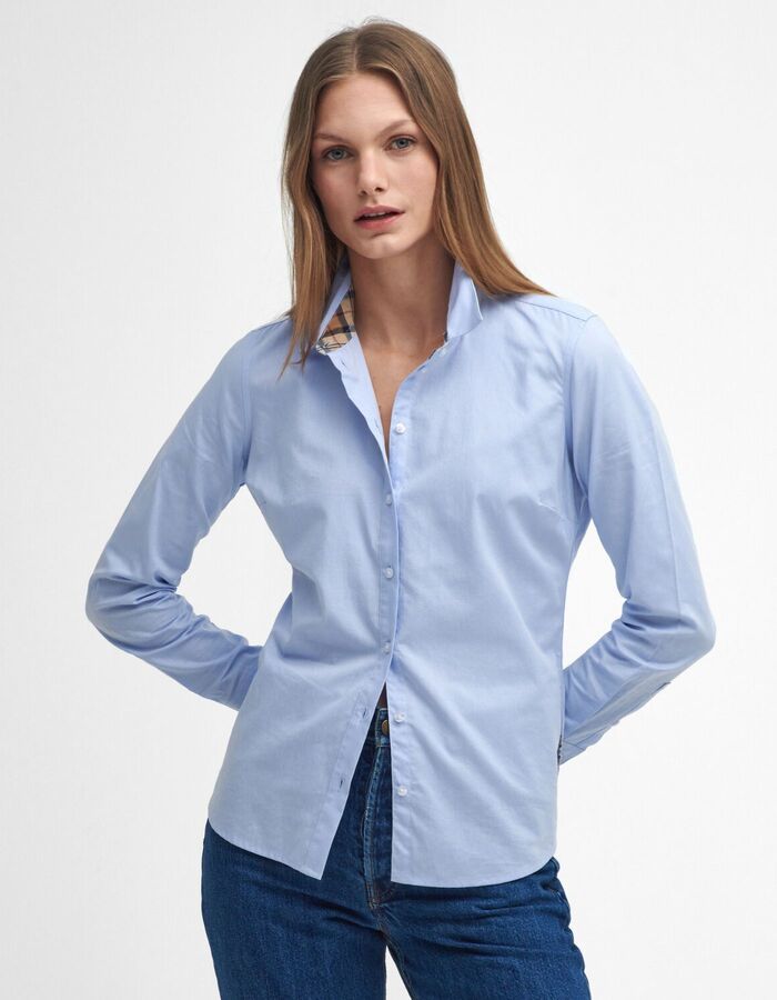 Blauwe katoenen bloes met tartan details