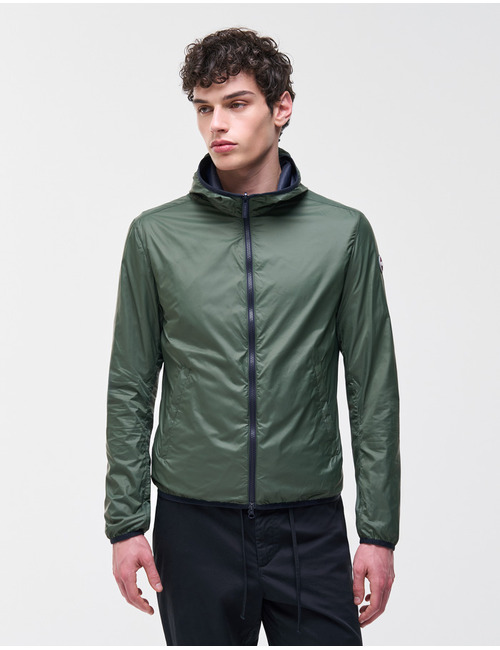 Reversible lichte jas met kap in navy blue en jeep green