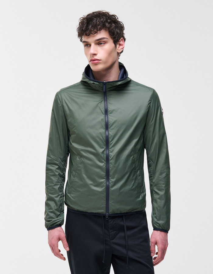 Reversible lichte jas met kap in navy blue en jeep green