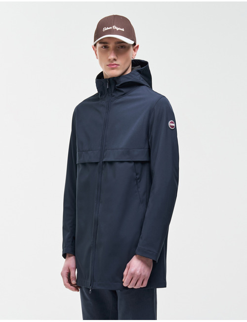 Lange softshell jas met kap in blauw