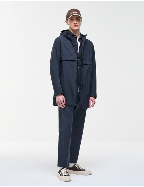 Lange softshell jas met kap in blauw