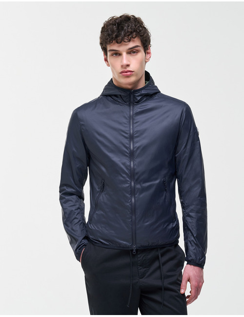 Reversible lichte jas met kap in navy blue en jeep green