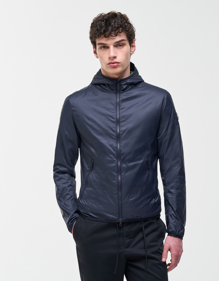 Reversible lichte jas met kap in navy blue en jeep green