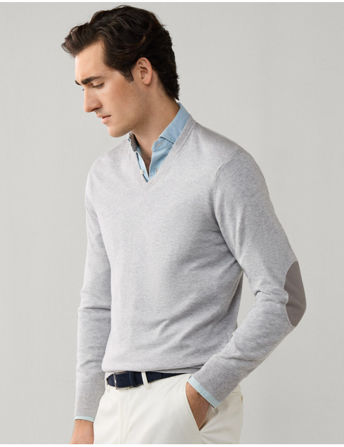 Regular fit katoen-cashmere V-hals trui met elleboogpatches in tin grey