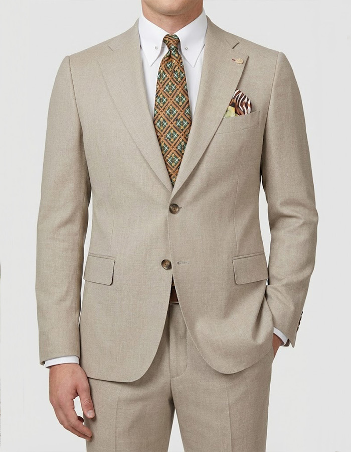 Modern fit tweedelig wol kostuum in beige