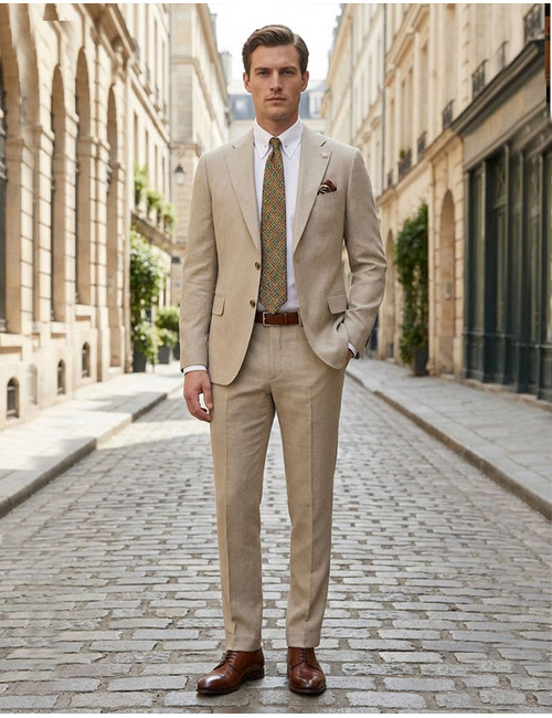 Modern fit tweedelig wol kostuum in beige