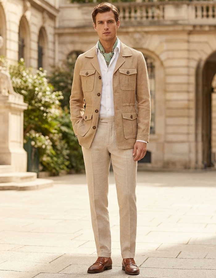 100% linnen modern fit safari jacket in zandbeige