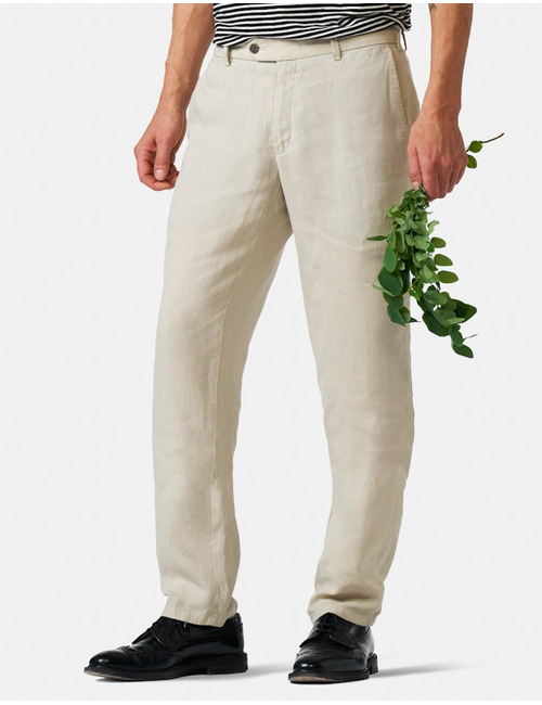 Slim fit linnen chino met AMF handstitch in beige