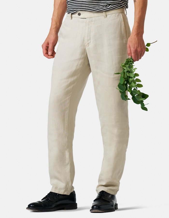 Slim fit linnen chino met AMF handstitch in beige