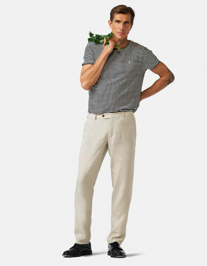 Slim fit linnen chino met AMF handstitch in beige