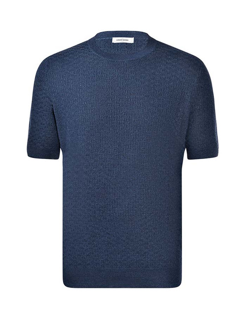 Gebreide katoenen T-shirt met fijne structuur in navy