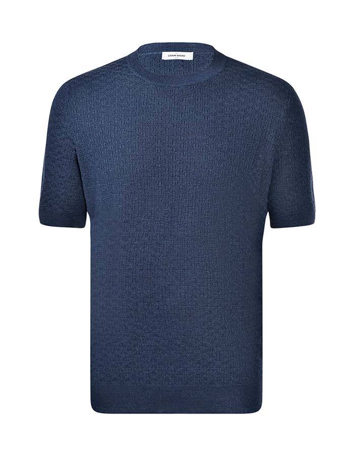 Gebreide katoenen T-shirt met fijne structuur in navy