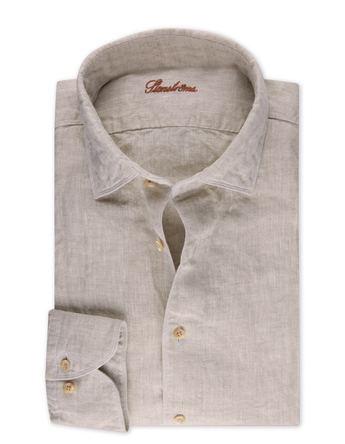 Slim fit linnen hemd met cut away kraag lichtbeige