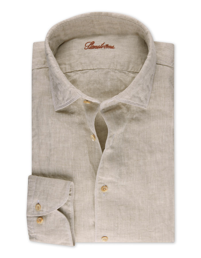 Regular fit linnen hemd met cut away kraag lichtbeige