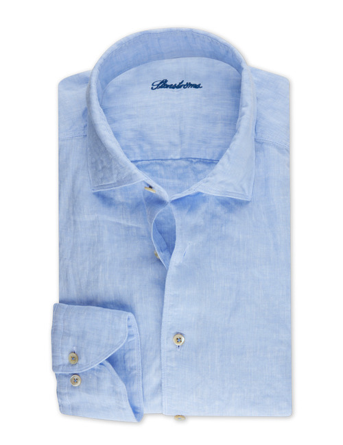 Slim fit linnen hemd met cut away kraag lichtblauw