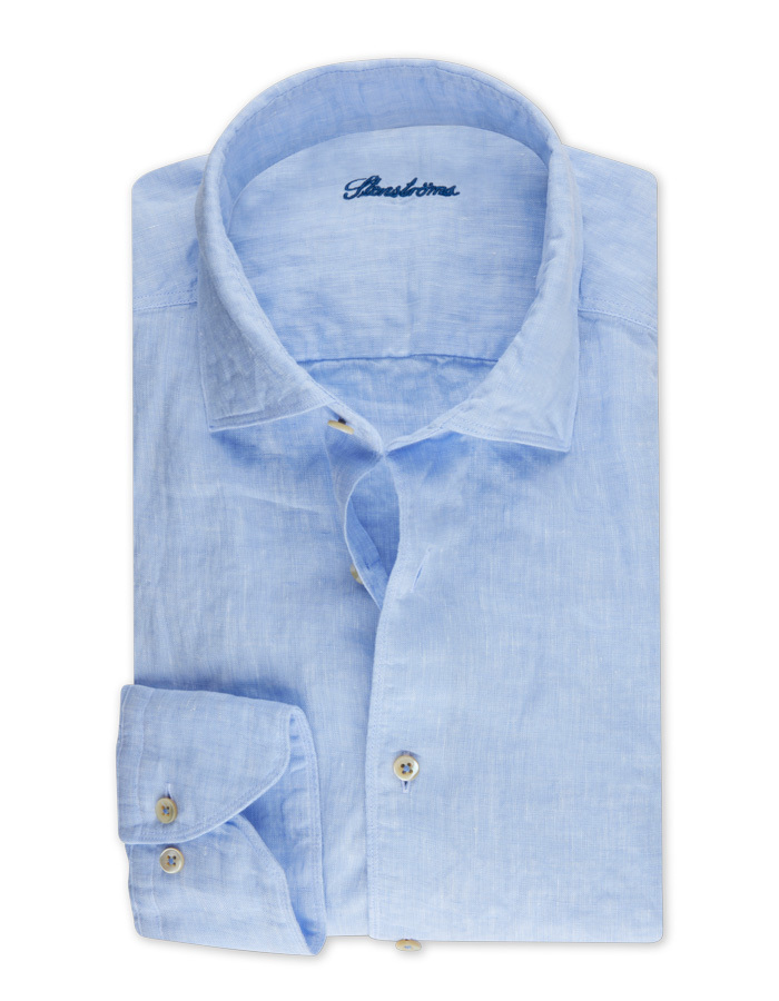 Slim fit linnen hemd met cut away kraag lichtblauw