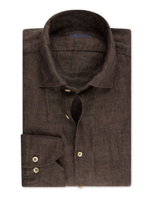Slim fit linnen hemd met cut away kraag donkerbruin