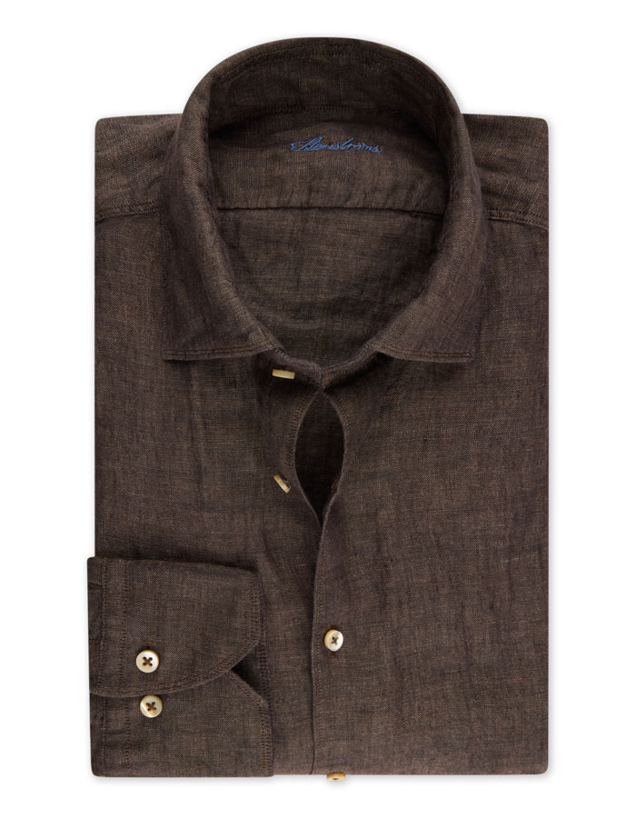 Slim fit linnen hemd met cut away kraag donkerbruin