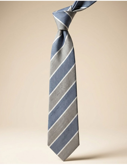 Zijden en linnen das met brede diagonale strepen in blauw en grijs