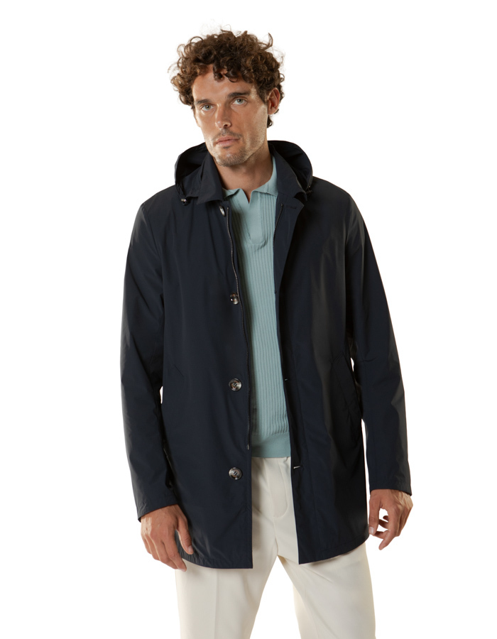 Waterafstotende stretch jas met afneembare kap navy