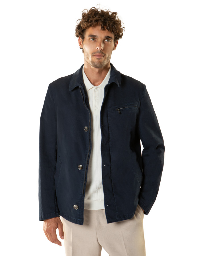 Katoenen stretch jas met knoop- en ritssluiting navy