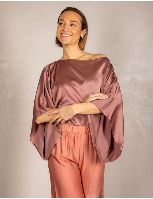 Satijnen blouse met asymmetrische hals in paars