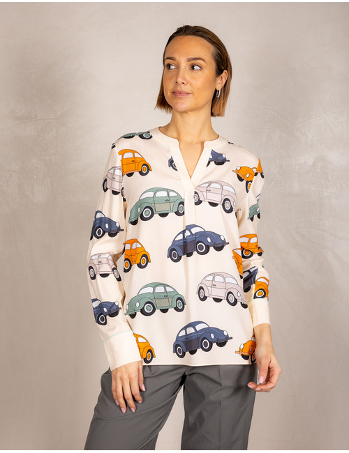 Blouse met retro autoprint in zijdeblend