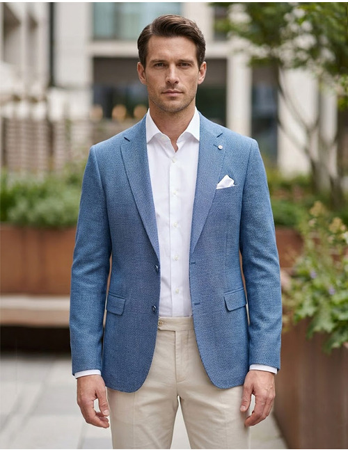 modern fit blazer in jersey met ton sur ton carreau blauw