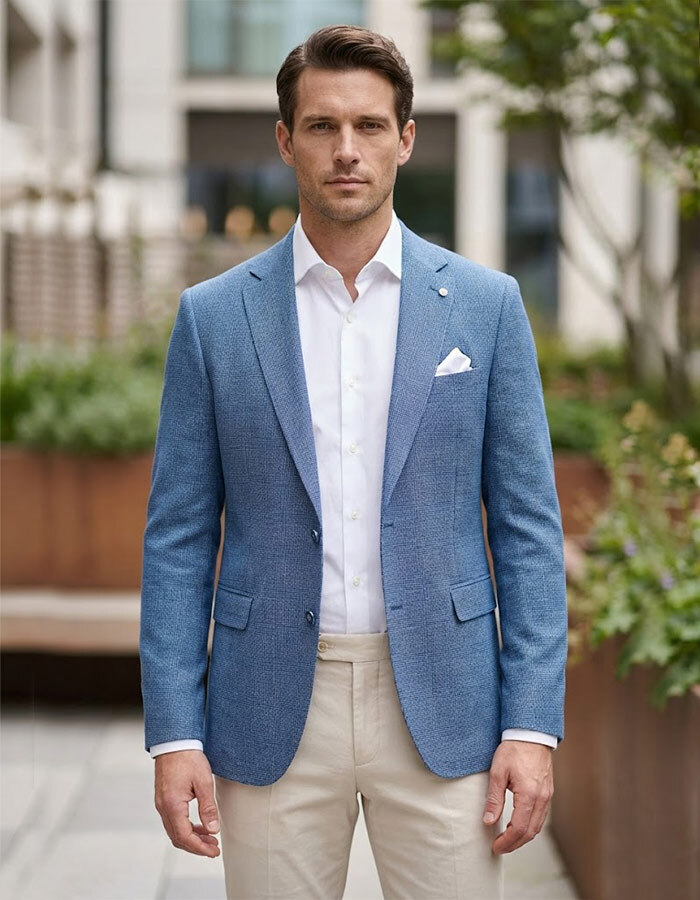 modern fit blazer in jersey met ton sur ton carreau blauw