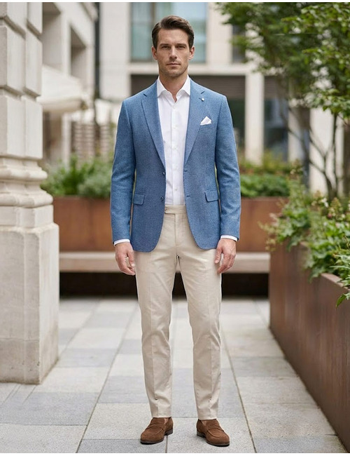 modern fit blazer in jersey met ton sur ton carreau blauw